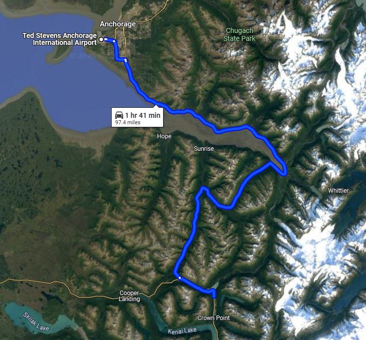 Anchorage International Airport to Moose Pass Alaska Map